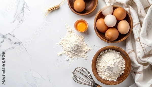 Fototapeta A culinary tableau Flour, eggs in wooden bowls, wheat stalk, whisk, and draped cloth on a marble surface. Bright, clean composition