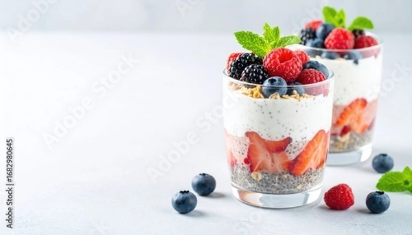 Fototapeta Two glasses showcasing layered healthy dessert with chia seeds, yogurt, fresh berries, and granola, topped with mint sprigs, on a bright surface