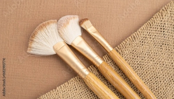 Fototapeta Three makeup brushes with golden handles rest on burlap against a solid brown backdrop, angled for a clean and minimalist composition