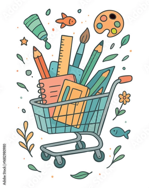 Fototapeta Colorful shopping cart filled with school and art supplies – pencils, brushes, notebooks, paints. Bright and cheerful vector illustration for education, studio or creative workshop themes.
