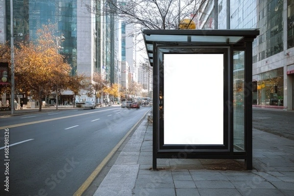 Fototapeta Blank Bus Stop Billboard Ad Frame in Cityscape