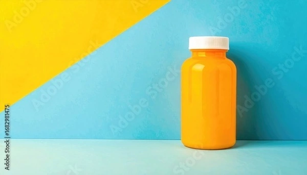 Fototapeta Vibrant studio shot of an orange bottle with a white cap, set against a bright yellow and blue background, creating a clean and modern aesthetic