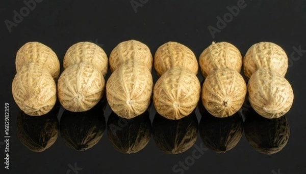 Fototapeta A row of tan-colored peanuts in shells, reflecting in a dark, glossy surface. The peanuts are tightly packed together and their textures are visible