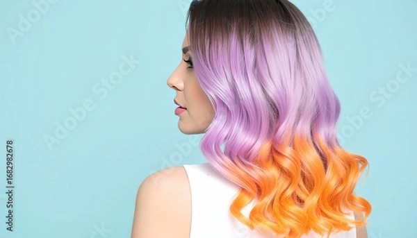 Fototapeta A woman with vividly colored hair (purple, orange, brown) in a stylish gradient, against a pastel blue backdrop, turning her head to the side
