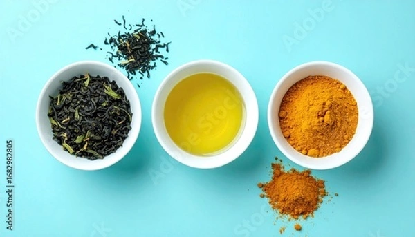 Fototapeta Three white bowls line a teal backdrop, holding dried tea, vibrant yellow oil, and a pile of turmeric powder, casting soft shadows