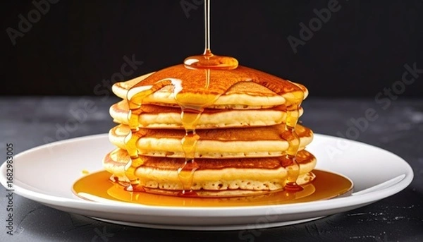 Fototapeta A stack of golden pancakes on a white plate is drizzled with amber maple syrup against a dark backdrop