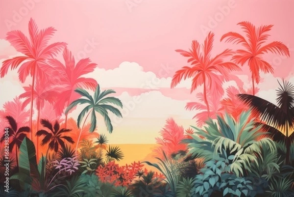 Fototapeta Tropical jungle landscape outdoors painting.