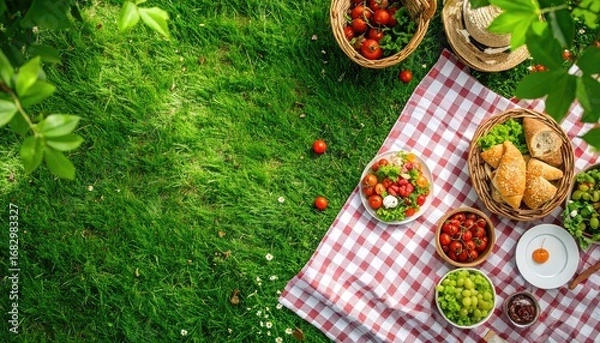 Fototapeta Overhead view of a sunny picnic on a green lawn with a red/white checkered blanket, surrounded by baskets and bowls of fruits, veggies, and bread