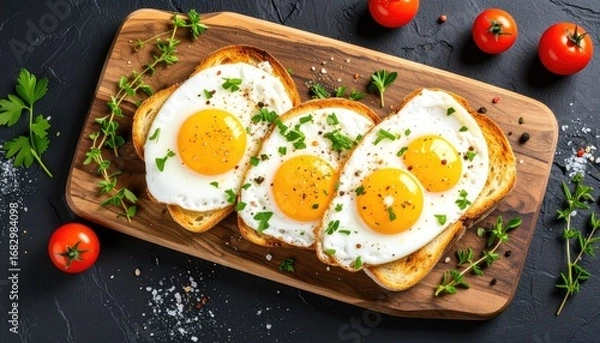 Fototapeta Three fried eggs on toast rest on a wooden board with herbs and tomatoes scattered around, against a dark textured background