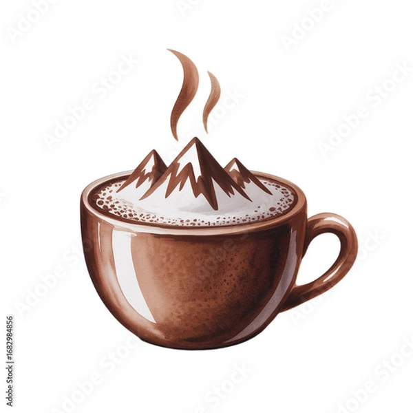 Fototapeta Mountain latte art in warm coffee cup, perfect for cafe menu or branding