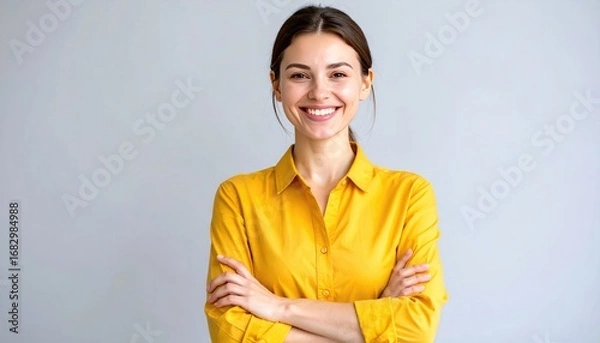 Fototapeta A smiling young woman with dark hair pulled back, wearing a yellow shirt with arms crossed, against a plain grey background, exudes confidence and warmth