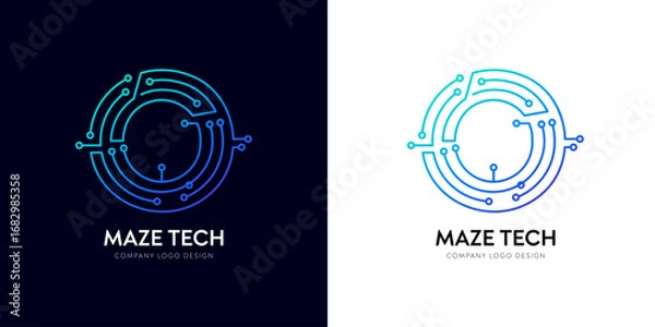 Fototapeta O letter network logo design for tech innovation company. Futuristic typographic connection logo, AI technology corporate brand maze circuit vector. Techno circle gradient electric cyber text line.