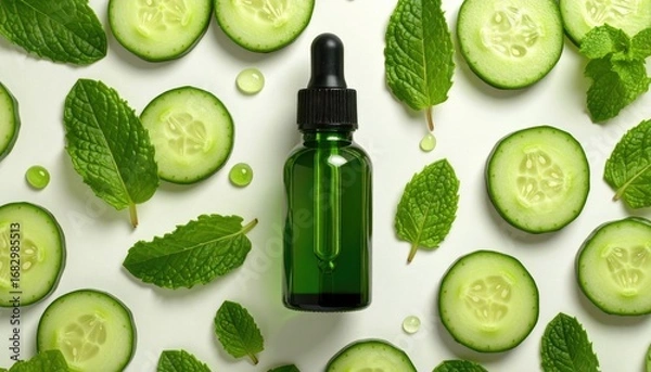 Fototapeta Overhead shot green bottle with dropper surrounded by cucumber slices and mint leaves on a white background, featuring small green drops