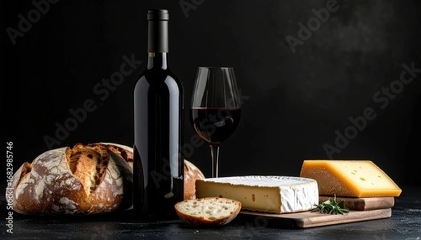 Fototapeta Dark still life featuring a bottle of red wine, a glass, crusty bread, and cheese variations on a dark surface, set against a shadowy background