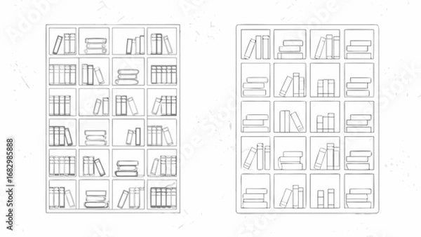 Fototapeta Illustration of two bookshelves filled with books and stacks of paper in a simple line drawing style art