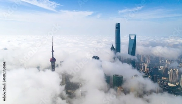 Fototapeta City skyscrapers piercing through a thick blanket of morning fog under a bright blue sky, creating an ethereal and dreamy urban landscape