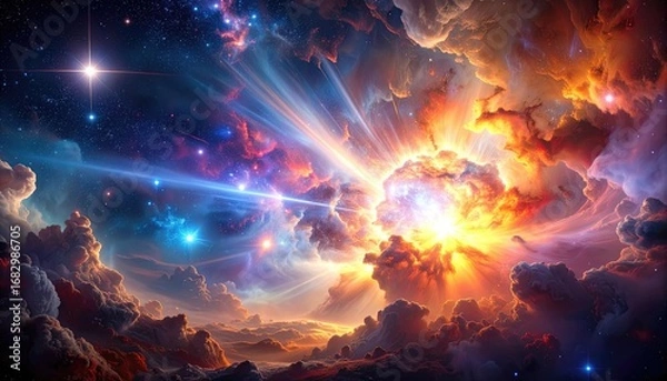 Fototapeta A vibrant nebula bursts with color, with swirling clouds of orange, blue, and white, illuminated by bright stars in the dark expanse of space