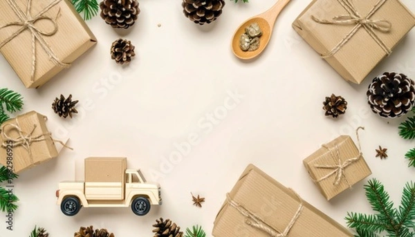 Fototapeta Cozy festive arrangement featuring wrapped gifts, pine cones, evergreen branches, toy truck and wooden spoon with golden nuggets, arranged on a cream backdrop