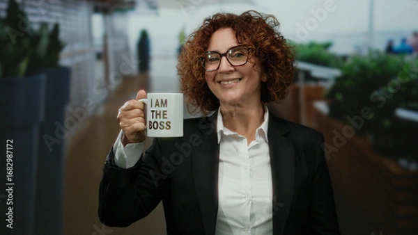 Obraz Woman smiling holding coffee cup outdoor city street while dressed in business attire showing confidence and empowerment with text mug