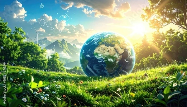 Fototapeta Globe rests on a lush green field with wildflowers, set against a sunny backdrop of mountains, wind turbines, and trees under a bright, cloudy sky