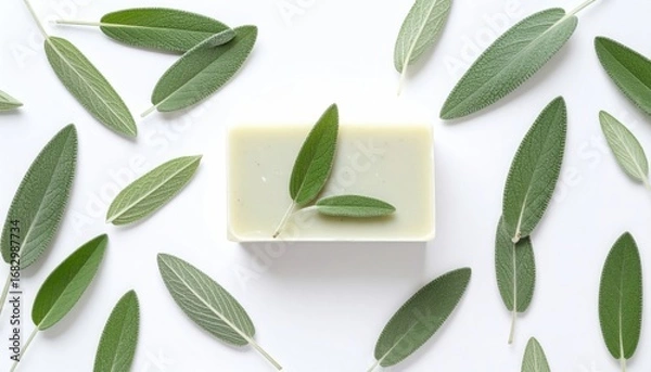 Fototapeta Pale green soap bar, topped with sage leaves, surrounded by more sage leaves on a clean, white surface, creating a fresh, natural aesthetic