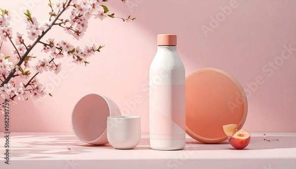 Fototapeta Still life with a white bottle, cup, and peach, adorned with delicate pink cherry blossoms against a soft pink backdrop, casting gentle shadows