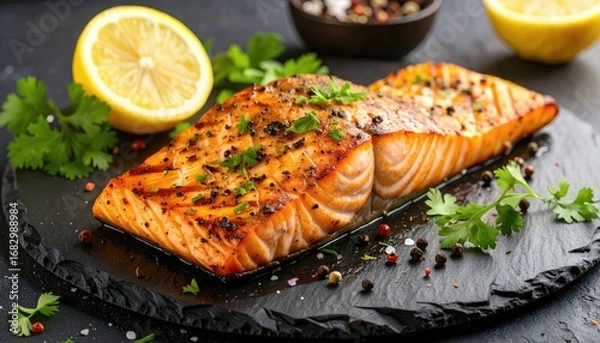 Fototapeta Close-up of grilled salmon fillet on a black stone plate with lemon, parsley, and pepper. Warm light highlights the texture of the fish