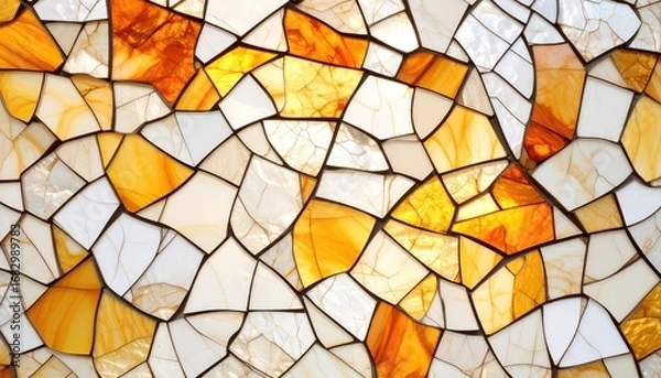 Fototapeta Abstract close-up of stained glass with white, gold, and amber pieces forming a mosaic pattern. Light filters through the irregularly shaped segments
