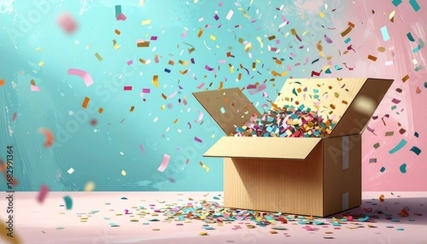 Fototapeta Colorful confetti bursts from a cardboard box on a pink surface against a teal painted wall. Festive and joyful