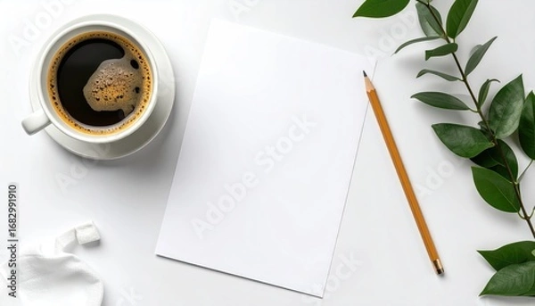 Fototapeta Top-down view of a white surface with coffee, blank paper, a pencil, and a leafy branch, conveying calmness and creativity