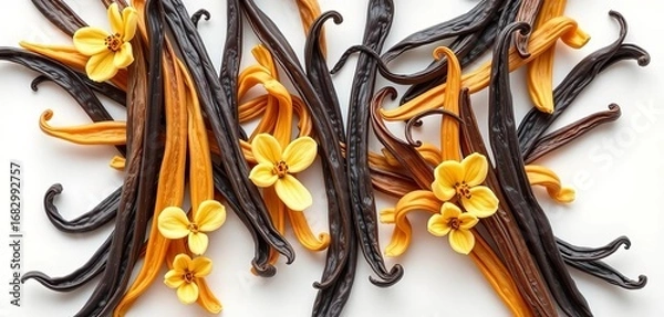 Fototapeta Whimsical vanilla stick arrangements, forming abstract patterns showcasing rich aroma & flavor, vanilla, wood