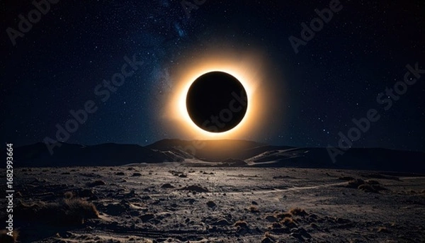 Fototapeta A black sun dominates the horizon above a desolate terrain at night, encircled by a vivid halo against a starry, cosmic backdrop