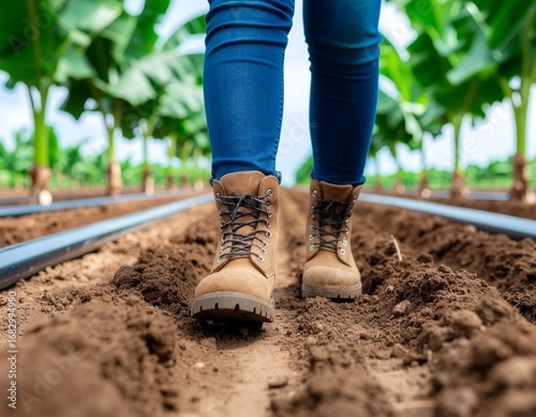 Fototapeta Walking Boots in Banana Plantation A Ground-Level Perspective of Agriculture