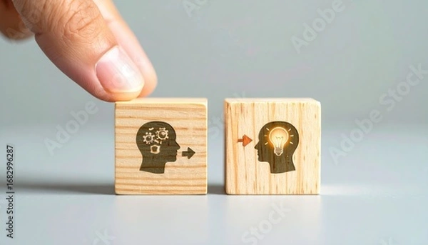 Fototapeta Hand gently places two wooden blocks displaying a head icon with gears and a head icon with a lightbulb, on a neutral background, conveying idea transmission
