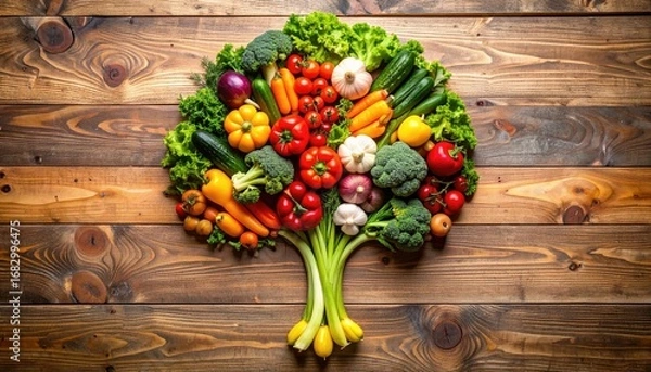 Fototapeta Produce laid out in a tree-like form on a wooden table. Various colorful vegetables fill the frame, simulating foliage and trunk