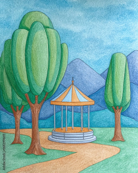 Fototapeta Colorful Park Gazebo Drawing with Trees and Mountains