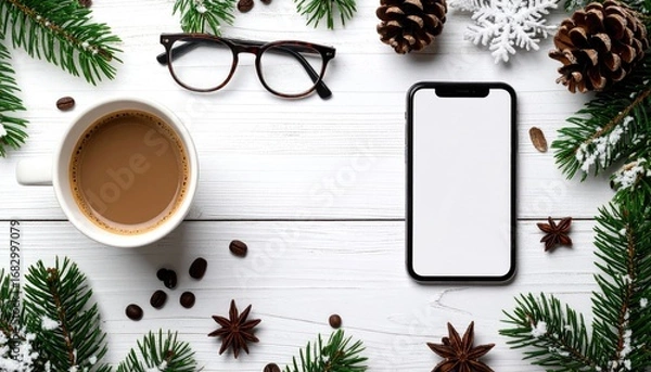 Fototapeta Overhead shot coffee, glasses, phone surrounded by pine branches, cones, snowflakes on white wood. Warm and cozy holiday workspace aesthetic