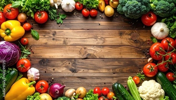 Fototapeta Assortment of fresh produce tomatoes, peppers, lettuce, broccoli, garlic, and onions arranged on a wooden table with copy space in the center