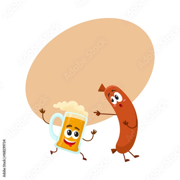 Fototapeta Funny beer mug and frankfurter sausage characters having fun together, cartoon vector illustration with space for text. Funny smiling beer mug character running after sausage poiting to it