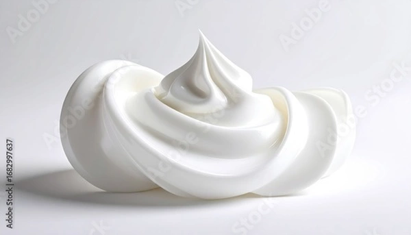 Fototapeta Swirl of glossy, white confection with a pointed peak, resting on a white surface, under soft lighting, creating subtle shadows