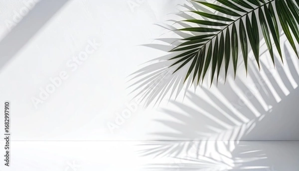 Fototapeta Minimalist composition featuring a verdant palm frond casting stark shadows on a pristine white wall and reflective surface, emphasizing contrast and organic textures