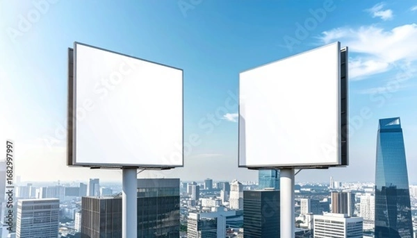 Fototapeta Two blank billboards stand tall above a sprawling city skyline under a bright blue sky with scattered clouds, creating a modern urban scene