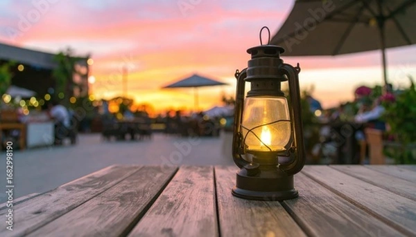 Fototapeta A warm, antique lantern sits on a weathered wooden table, with a colorful, out-of-focus outdoor dining scene in the golden light of dusk