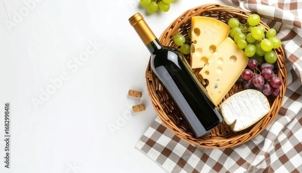 Fototapeta Overhead shot of a wicker basket containing wine, cheese, and grapes, presented on a checkered cloth against a stark white backdrop