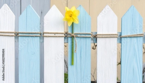 Fototapeta Cheerful daffodil tied to a light blue and white picket fence with rustic twine, set against a light wall. Evokes spring's freshness