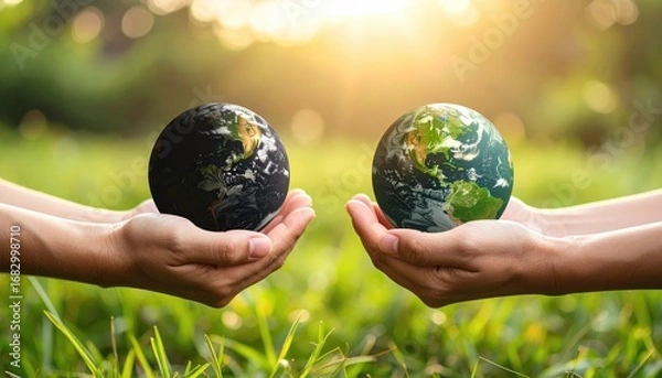Fototapeta Two hands cradle contrasting Earths, one vibrant and green, the other darkened, symbolizing environmental concerns against a soft, sunlit bokeh