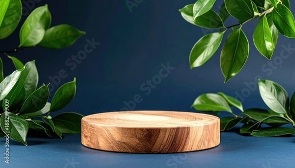 Fototapeta Round wooden pedestal sits on a blue surface, framed by vibrant green leaves against a dark blue backdrop, creating a natural, minimalist display
