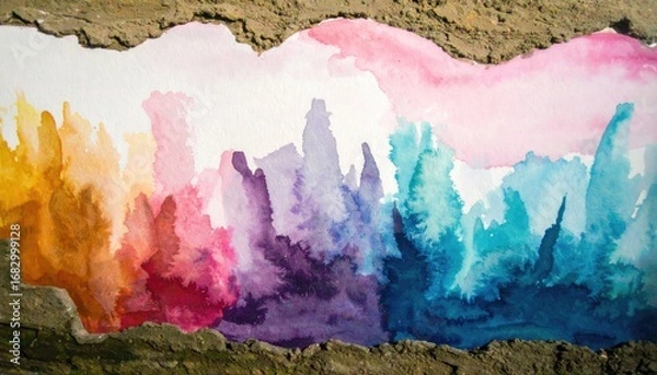 Fototapeta Watercolor vista vibrant hues bleed across paper, framed by rough, earthy borders, suggesting nature's abstract landscape