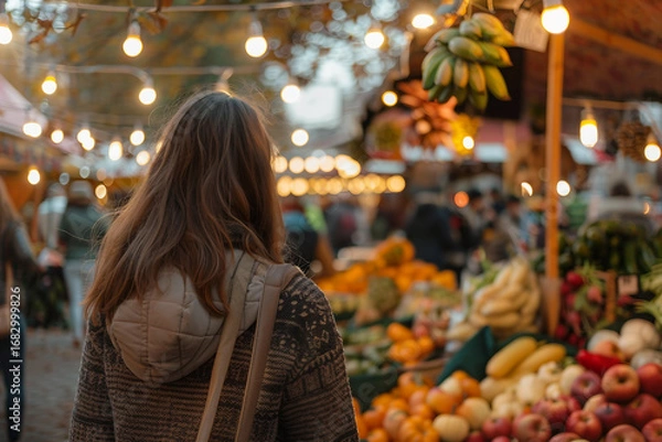 Fototapeta Seasonal autumn fair market with bright warm autumn colors, people crowd shopping having fun, Generative AI