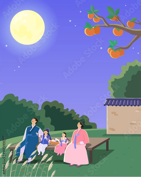 Fototapeta 가족과 함께하는 즐거운 추석인사 일러스트